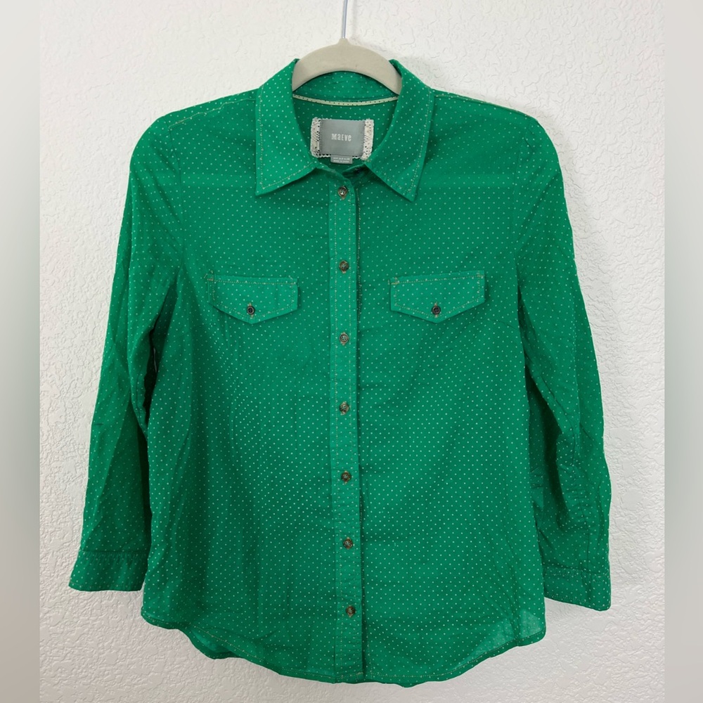 Anthropologie Maeve Green & White Polka Dot Blouse, Women’s 4
